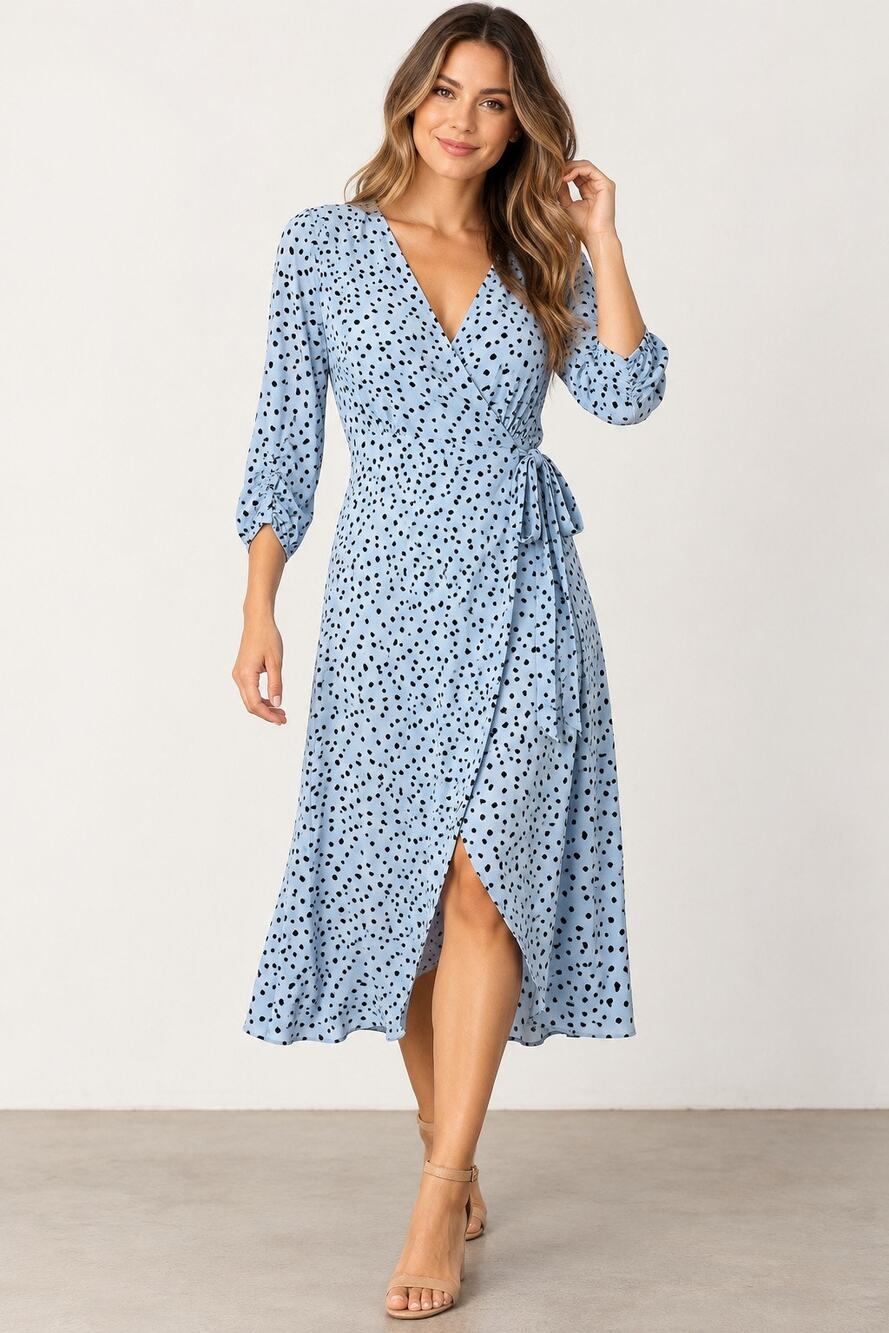 BeachLunchLounge Blue Black Spotted Wrap Midi Dress Size Small Ruched Sleeve